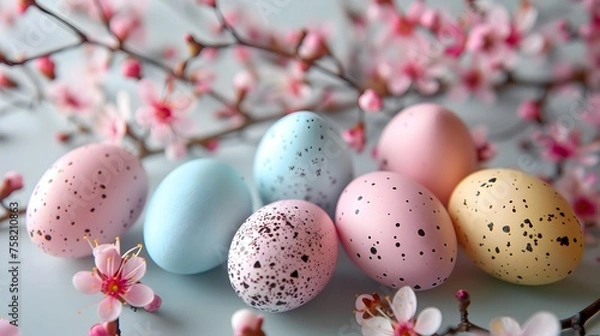 Obraz Easter colored eggs on wooden background with spring flowers. easter background.