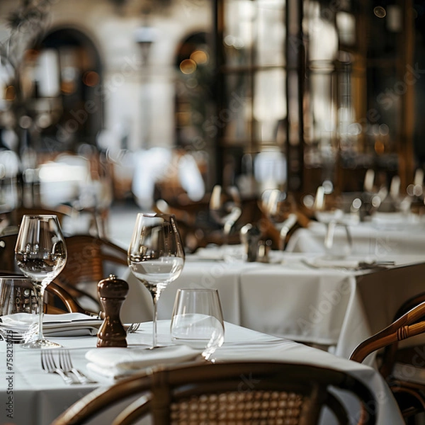 Fototapeta Restaurant with Tables Prepared for Dining generative ai