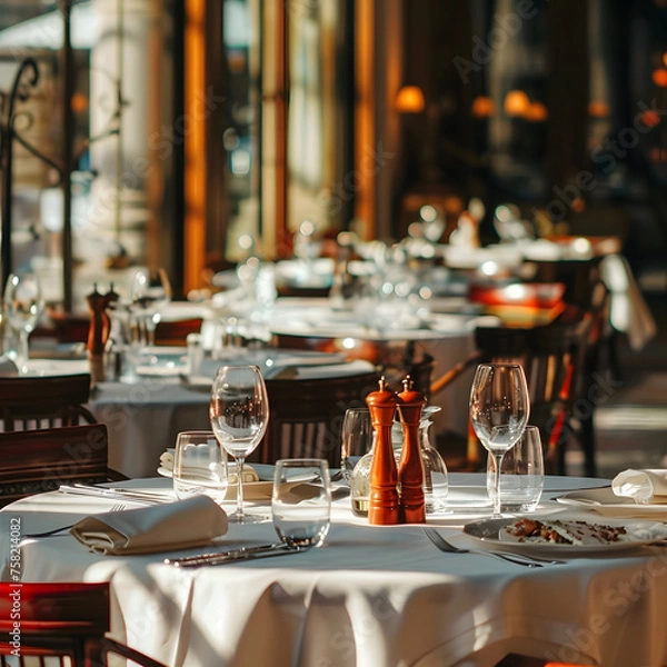 Fototapeta Restaurant with Tables Prepared for Dining generative ai