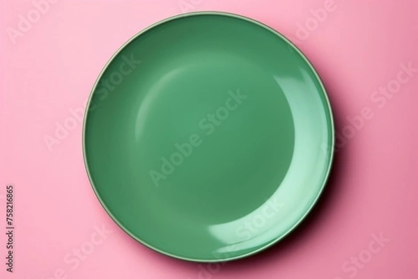 Fototapeta A simple green plate on a vibrant pink background. Perfect for food or kitchen related projects
