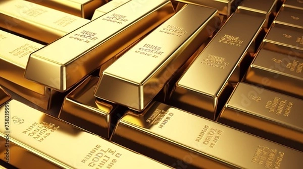 Fototapeta Polished gold bars neatly stacked, shining brightly.

