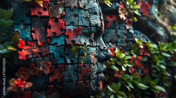 Fototapeta Buddha statue made of wood and stone with red and green colors