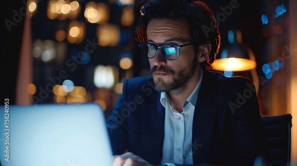 Fototapeta Businessman sitting in office, work on laptop on analyzing, analytic.