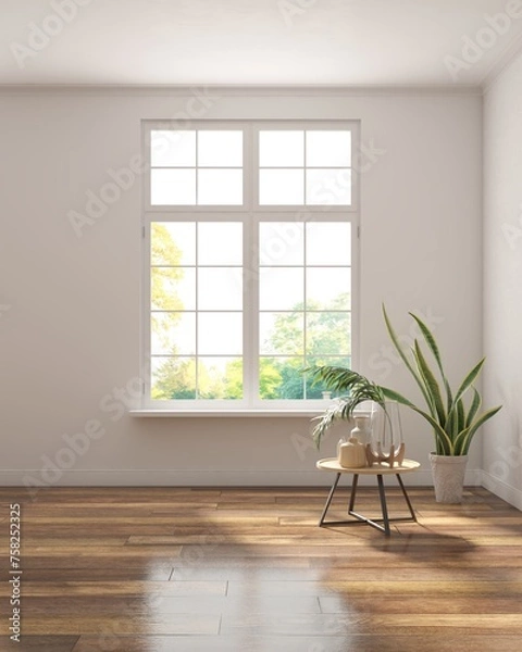 Fototapeta White empty room with summer landscape in window. Scandinavian interior design. 3D illustration