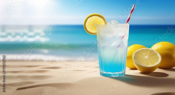 Fototapeta A glass of blue lemonade is on a beach with a straw in it
