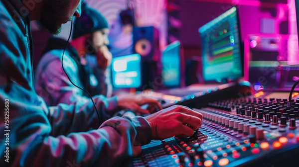 Fototapeta A music producer in a vibrant studio adjusts levels on a mixing console with computer screens and equipment in the background