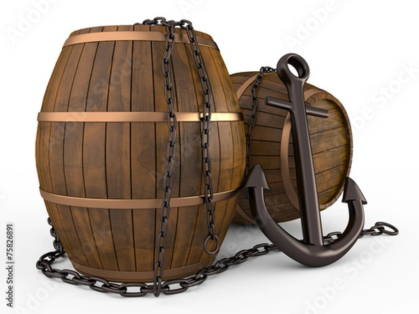 Obraz Kotwica, beczki i łańcuch, 3D