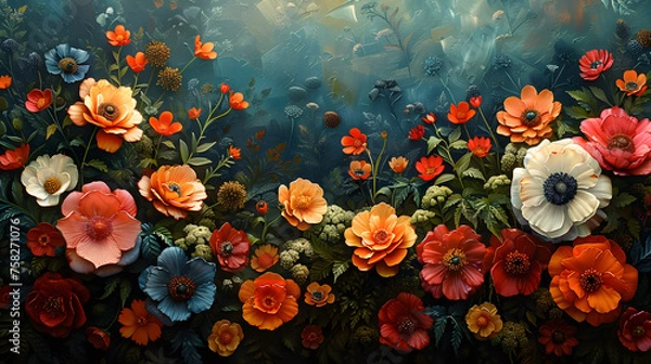 Obraz An array of diverse, colorful flowers seems to be submerged underwater, exuding a sense of calmness and mystery