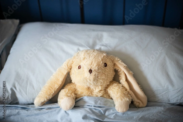 Fototapeta Bunny plush toy, laying under covers in parents' bed with blue blankets and soft day light. Central view.