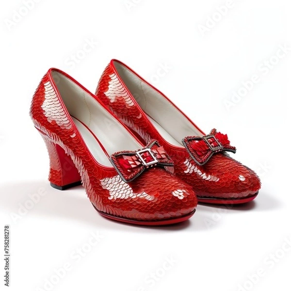 Fototapeta Cherry Red Ruby Slippers with metal design on a white background