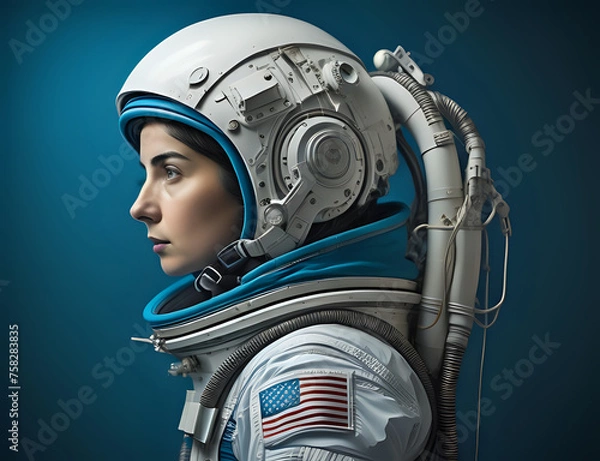Fototapeta Astronaut on the moon. Woman with an astronaut suit. White astronaut. Blue background. Generative AI	