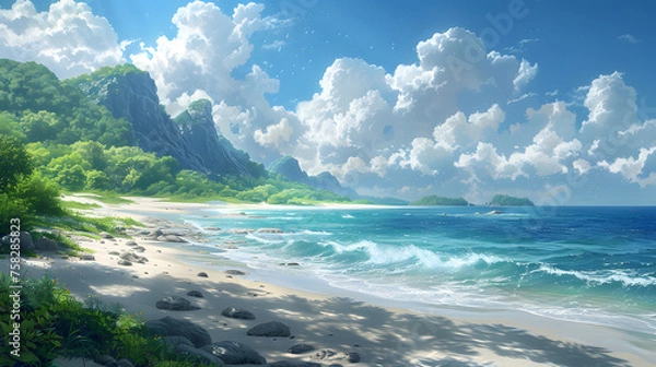 Obraz An idyllic tropical beach scene with lush green cliffs, blue waters, white sands, and fluffy clouds