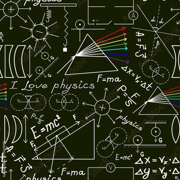 Fototapeta Physics doodles on school squared paper, seamless pattern