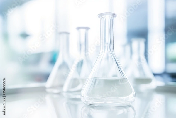 Fototapeta Transparent flasks set against the backdrop of a laboratory filled with pristine water, symbolizing purity and scientific precision. This captivating image evokes the essence of experimentation