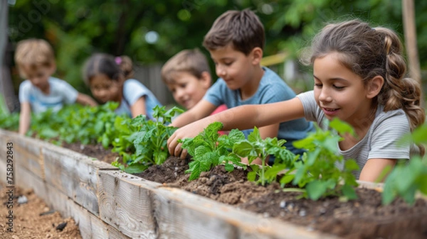 Obraz Children gardening in a raised bed with vegetable and herb plants in a 3/4 side view in a horizontal layout, in an Educational outdoor-themed, photorealistic illustration in JPG. Generative ai