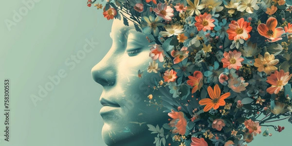 Fototapeta Blooming face with calm emotions, perfect beauty, a feeling of serenity, on a gree background with free space to create