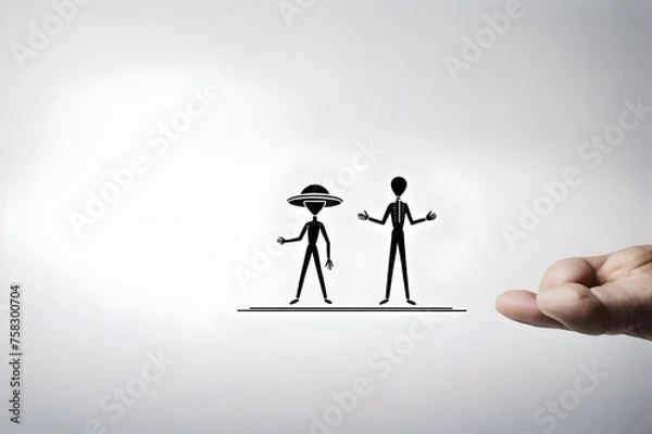 Obraz A UFO emits a stick figure with the label "Alien Abduction in progress.", black and white, minimalist, white background, for sticker. Generative AI