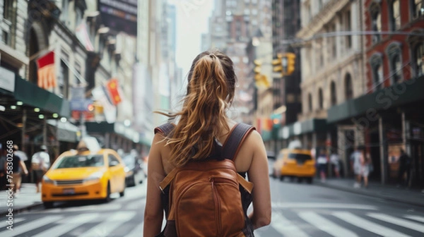 Obraz Rear view of  woman with a brown backpack is walking down on the street of New York