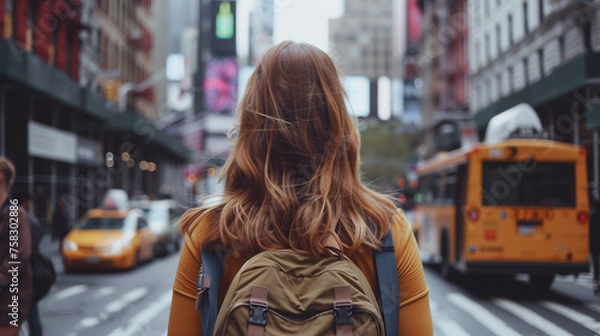 Obraz Rear view of  woman with a brown backpack is walking down on the street of New York
