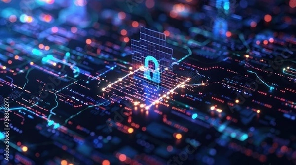 Fototapeta Cybersecurity concept with a digital lock on a data stream