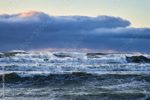 Fototapeta Powerful big waves before a storm in the ocean. Seascape