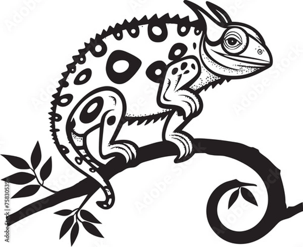 Fototapeta Twilight Camouflage: Chameleon Silhouette on Black Twig Icon Shadow Shift: Chameleon Vector Logo on Twig in Black