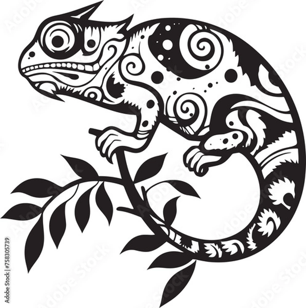 Fototapeta Midnight Maneuver: Black Chameleon Logo on Twig Emblem Shadowy Slink: Chameleon on Twig in Black Icon