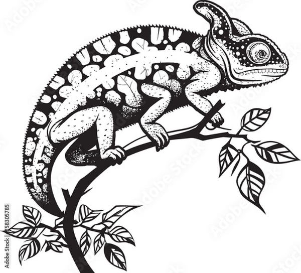 Fototapeta Obsidian Observer: Black Chameleon Logo on Twig Vector Stealthy Stalker: Chameleon on Black Twig Emblem