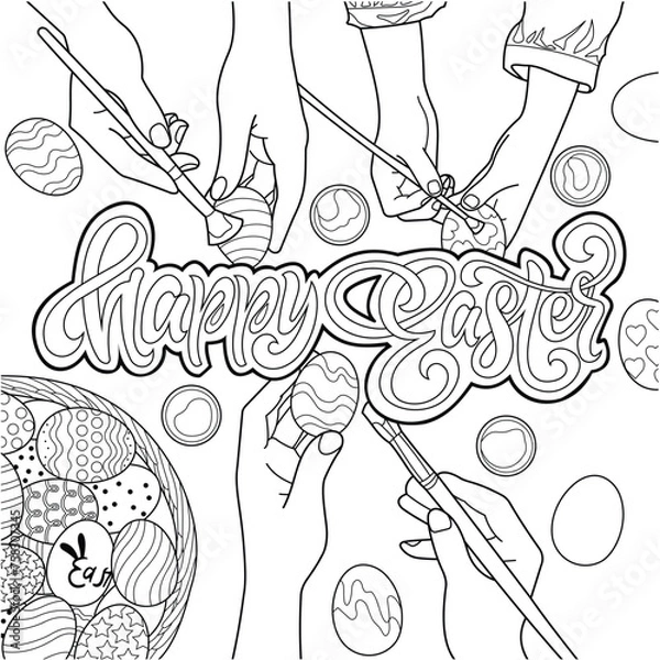 Obraz Happy Easter Day Outline Vector Illustration. Happy Easter Coloring Page.  Coloring Eggs For Easter Day Outline Illustration.
