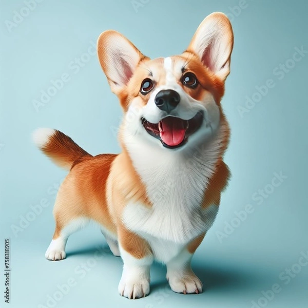 Fototapeta Full Body Portrait of Excited Cute Corgi Dog With Tongue Sticking Out And Smiling Looking At Camera On Solid Pastel Blue Background