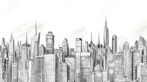 Fototapeta Detailed black and white drawing of a cityscape, suitable for architectural projects