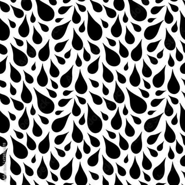 Fototapeta Varying in size hand drawn black drops tightly placed close together over white background. Simple contrasty monochrome seamless pattern for printing or use in graphic design projects.