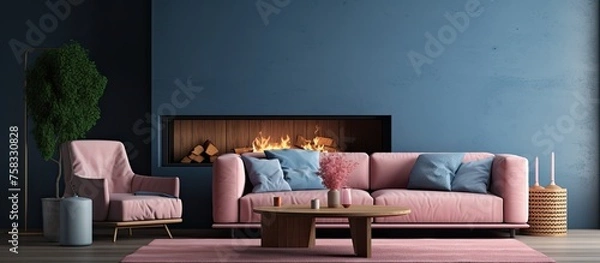 Fototapeta A cozy living room with a pink couch, matching chair, coffee table, and fireplace. The furniture complements the hardwood flooring, creating a comfortable and stylish interior design