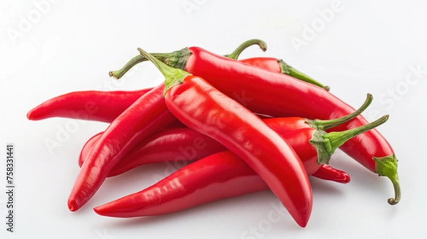 Fototapeta A close-up image showcasing a group of bright red chili peppers, arranged artistically against a white background.