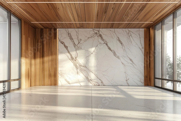 Fototapeta A room featuring a marble wall and a wooden ceiling. Suitable for interior design concepts