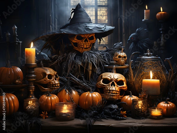 Obraz Halloween background skulls and pumpkins