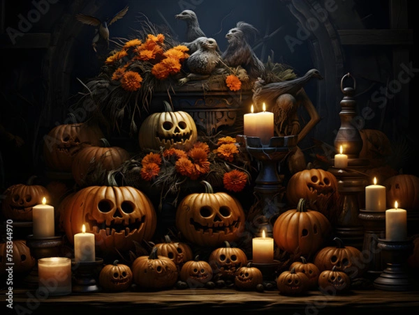 Obraz Halloween background skulls and pumpkins