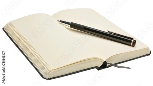 Fototapeta A blank open notebook with a pen, symbolizing potential and new beginnings