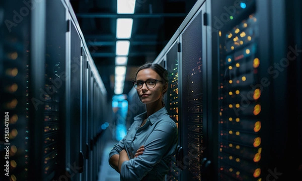 Fototapeta A woman standing in a server room with arms crossed