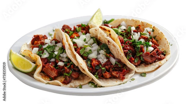 Obraz Al Pastor Tacos on a plate isolated on transparent png background. Generative ai 