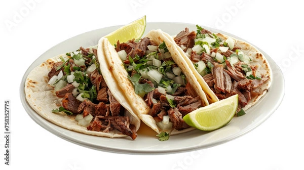 Obraz Barbacoa Tacos on a plate isolated on transparent png background. Generative ai 