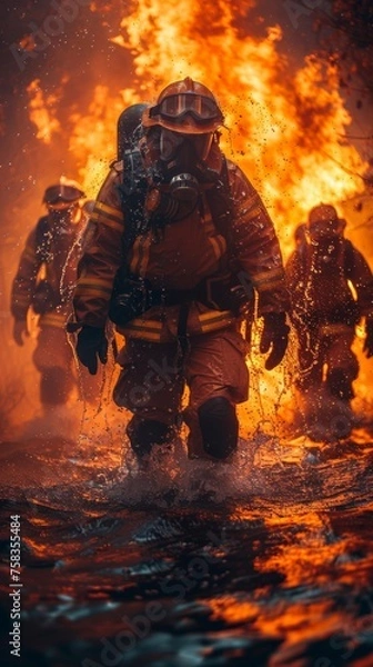 Fototapeta Firefighters in full protective gear advance bravely through intense flames and smoke during a dangerous firefighting operation