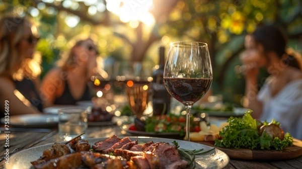 Obraz Outdoor dinner scene with friends, wine glass in focus, food on table, warm evening ambiance