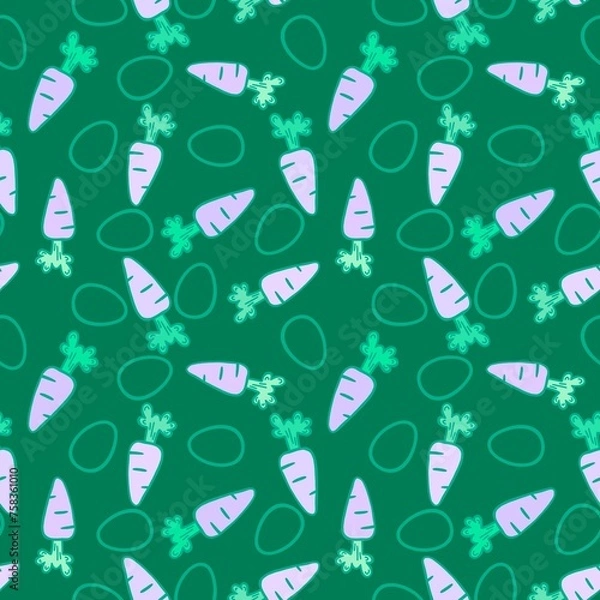 Fototapeta Easter cartoon vegetable seamless carrot and eggs pattern for wrapping paper and fabrics and linens and kids print