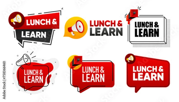 Fototapeta Lunch and Learn. Megaphone label collection with text. Marketing and promotion. Vector Illustration.