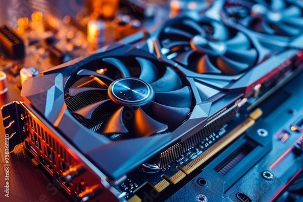 Obraz Cryptocurrency mining rigs in a data center room. Graphics cards GPU in mining farm or 3d render. Neon server room for cryptocurrency mining. Cryptocurrency farm and blockchain technology concept