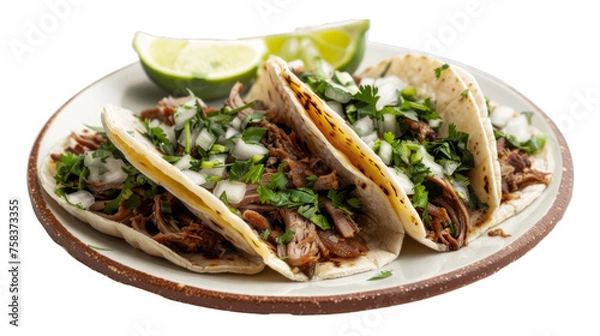 Obraz Carnitas Tacos on a plate isolated on transparent png background. Generative ai 