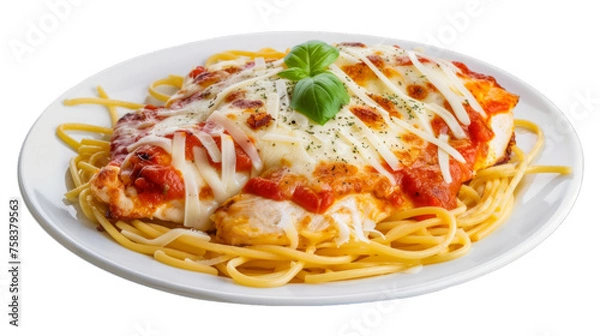 Fototapeta Chicken Parmesan Spaghettion a plate isolated on transparent png background. Generative ai 