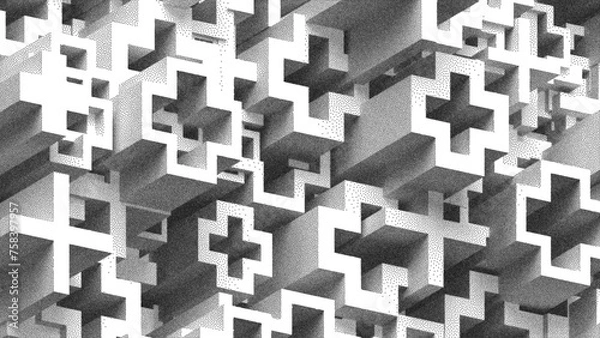 Fototapeta Abstrakcyjna struktura z geometrycznymi kształtami krzyżyków w stylu stiplowania na baner, plakat, okładkę, ulotkę. Puentylizm. Kropka. Zaszumione, ziarniste cieniowanie za pomocą kropek. Ilustracja wektorowa