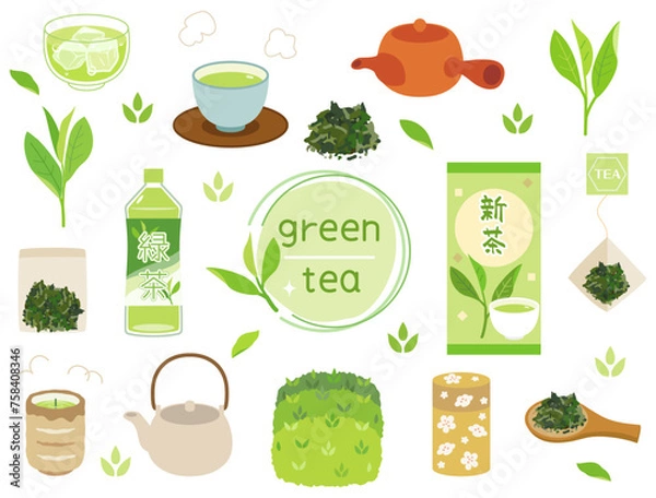 Obraz 新茶・緑茶・煎茶などの日本のお茶をイメージしたイラストのセット